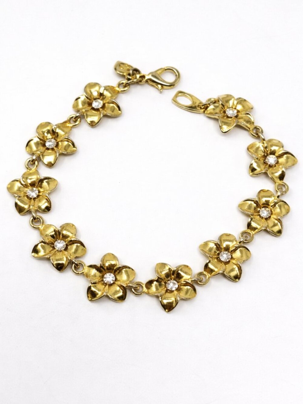 Gold Tone Floral Link Bracelet Rhinestone Flower Bracelet Dainty Cottagecore